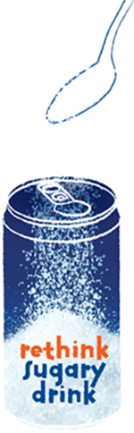 Rethink Sugary Drinks Alliance logo of spoonful of sugar above a can of drink